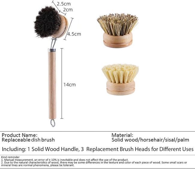 Bamboo Dish Brush with Handle, 1 Sturdy Wooden Handle with 3 Natural Bristle Heads, Horsehair, Sisal, Palm - All Purpose Kitchen Scrubber, Bamboo Wok Brush, Fruit and Veggie Scrubber - Image 2