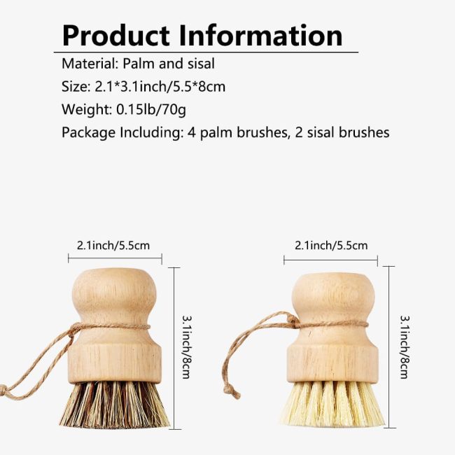 Bamboo Scrub Brush 6Pcs,  Palm and Sisal Pot Brush Set, Durable Wood Kitchen Dish Brush, Multifunctional Mini Cleaning Kit for Cleaning Pots, Dishes, Sinks, Fruits and Vegetables - Image 2