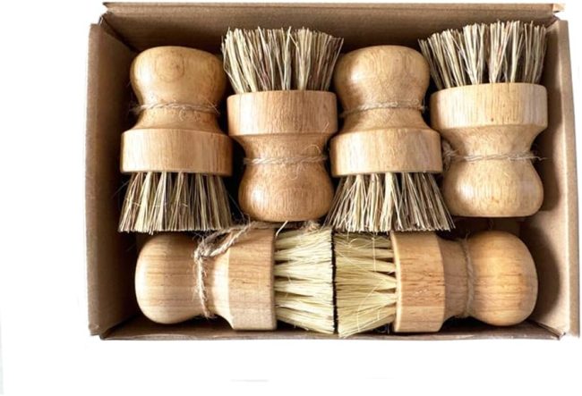 Bamboo Scrub Brush 6Pcs,  Palm and Sisal Pot Brush Set, Durable Wood Kitchen Dish Brush, Multifunctional Mini Cleaning Kit for Cleaning Pots, Dishes, Sinks, Fruits and Vegetables