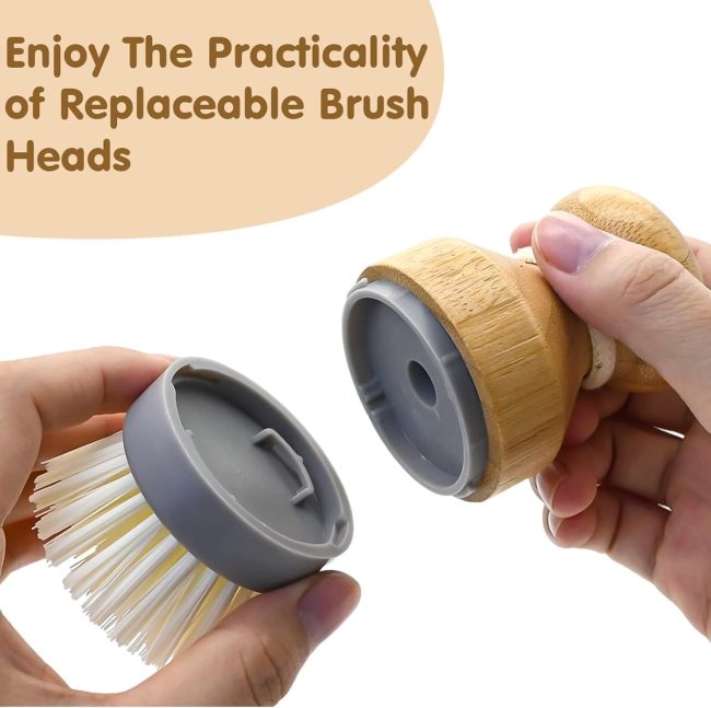 Bamboo Dish Palm Brush with Holder - 2 Pack  Wooden Replaceable Cleaning Scrub Brushes Washing Scrubber Set Kitchen Wood Dishwashing Tool for Pots,Pans,Counter&Sink - Image 2