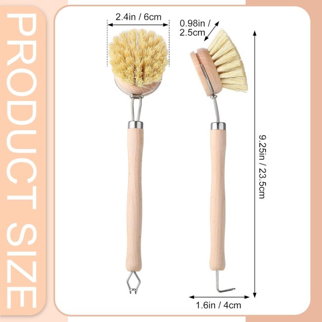 4 Pcs Kitchen Dish Brush with Beechwood Handle Natural Wooden Handle Scrub Brush Fiber Bristles Dish Scrub 2 Inch Replacement Brush Head for Pots Pans Utensils Washing Supplies - Image 2