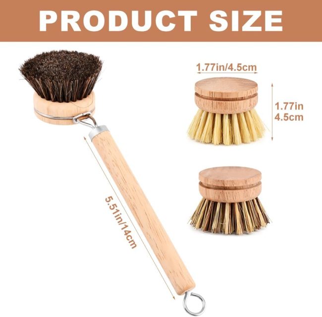 Bamboo Dish Brush with Handle, 3 Natural Bristle Heads (Horsehair, Sisal, Palm) Replaceable Heads, Wooden Dish Brush for Washing and Cleaning Pot Pan Bowl - Image 2