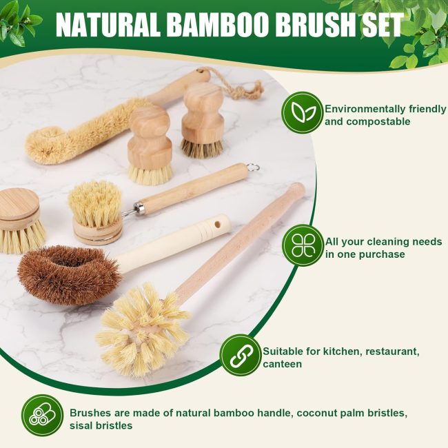 8 Pcs Bamboo Dish Brush Dish Washing Scrub Bottle Brush Wooden Palm Pot Brush Cleaning Scrubbers with Natural Sisal Bristles Long Handle for Pots Pans, Bottle, Sink, Vegetables, Household Cleaning - Image 2