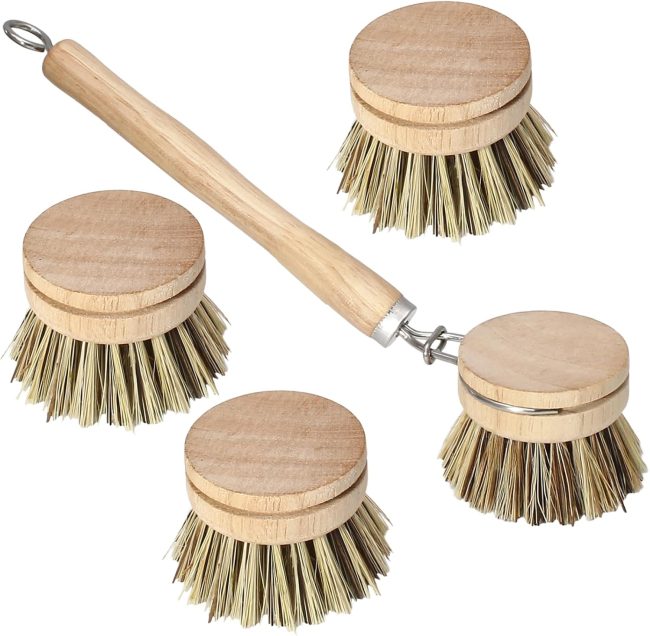 Wooden Dish Brush Set, 4 Natural Bristle Replacement Heads with 1 Sturdy Wooden Handle, Palm Kitchen Scrub Brush for Pots, Pans, Vegetables and Cookware