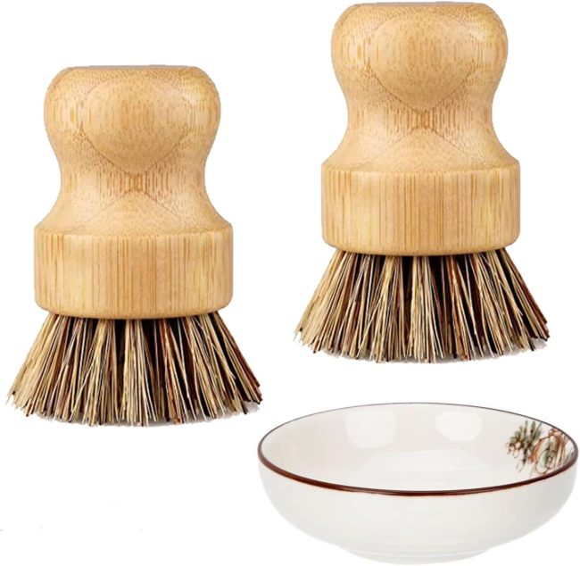 Bamboo Wok Brush - 2 Pcs Hard Palm Brush, Natural Dish Scrubber Brush, Kitchen Brush, Dish Scrub Brush, Bamboo Dish Brush for Cleaning Pans, Pots and Sink