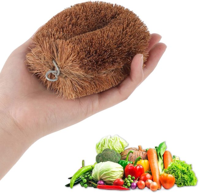 1 Pack Japanese Vegetable Brushes Natural Coconut Fiber Scrub Fruits Brushes Wooden Palm Dish Cleaner Brush with Hanging Loop for Potato Sink Kitchen Household Cast Iron Pan Pots