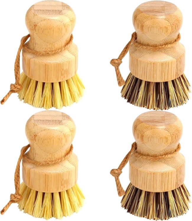 Bamboo Dish Brush Set, 4 Pcs Palm Wooden Dish Scrubber Brush, Dish Brushes, Durable Wood Dishes Scrub Brush, Natural Round Vegetable Cleaning Pots Pans Sink Washing Kitchen Brush by