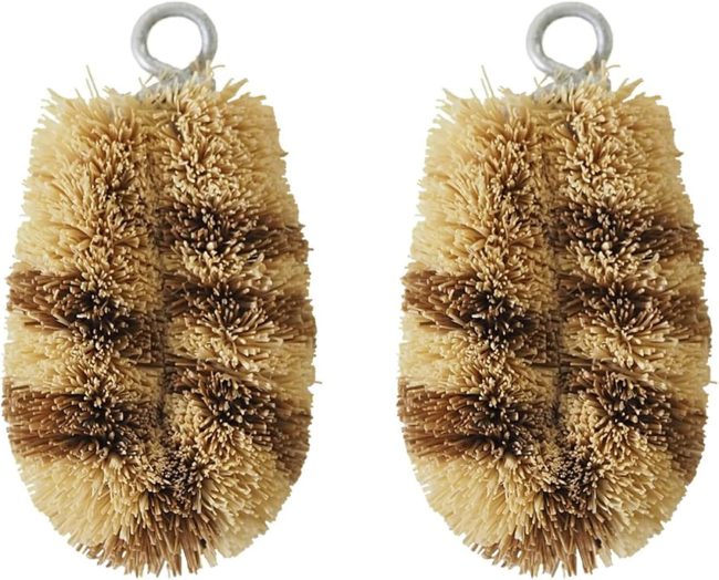 Natural Palm Mini  Brushes - Set of 2 - Stripes - Premium Coconut Fiber - Scrubber for Cleaning Small Spaces - Made in Japan