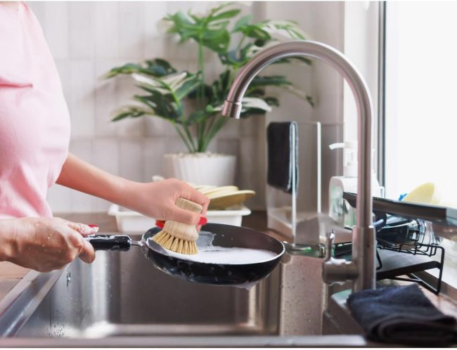 Kitchen Natural Bristle Dish Pan Scrub Brush, Non-Scratch Natural  Bristles with Wooden Handle - Image 2