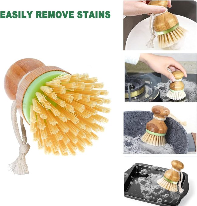 Bamboo Dish Brush, Scrub Brush for Dishes Pots Pans Kitchen Sink Cast Iron Skillet Cleaning, Pack of 2 - Image 2