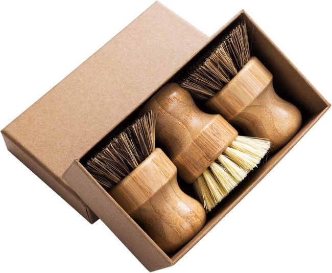 Palm Pot Brush- Bamboo Round 3 Packs Mini Dish Brush Natural Scrub Brush Durable Scrubber Cleaning Kit with  Fiber and  Fiber for Cleaning Pots, Pans and Vegetables