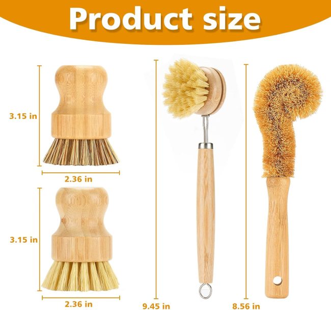 Bamboo Dish Brushes Sets 4 Tools in One Kitchen Clean Dish Scrubber for Pots Pans Bottles with Natural Bristles (Bamboo Brushes Sets) - Image 2