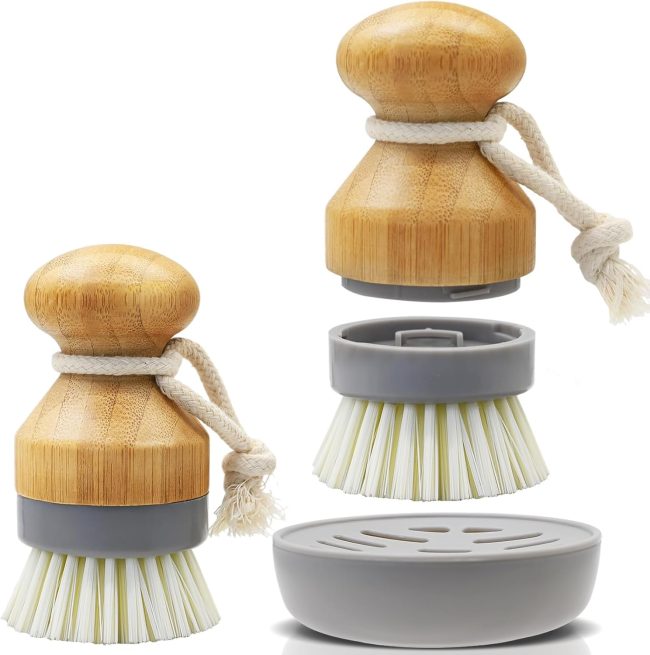 Bamboo Dish Palm Brush with Holder - 2 Pack  Wooden Replaceable Cleaning Scrub Brushes Washing Scrubber Set Kitchen Wood Dishwashing Tool for Pots,Pans,Counter&Sink