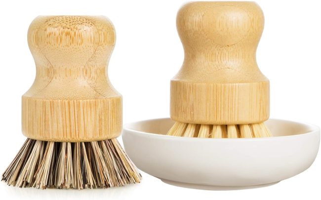Palm Pot Dish Brush- Nature Bamboo 2 Packs Mini Durable Scrub for Kitchen Cleaning with Ceramics Holder