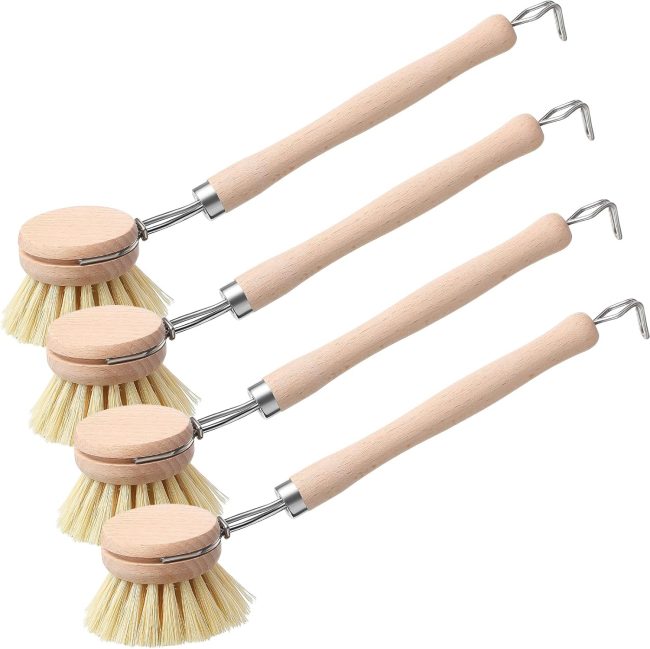 4 Pcs Kitchen Dish Brush with Beechwood Handle Natural Wooden Handle Scrub Brush Fiber Bristles Dish Scrub 2 Inch Replacement Brush Head for Pots Pans Utensils Washing Supplies
