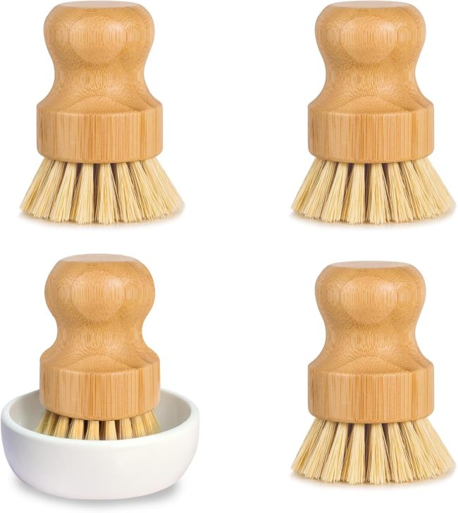 Bamboo Dish Scrub Brush for Kitchen Sink, Natural Wooden Washing Dish Brush Scrubber, Sisal Bristles Brush for Household Cleaning Cast Iron Brush Pots(Ceramic Dish+ 4P Sisal)