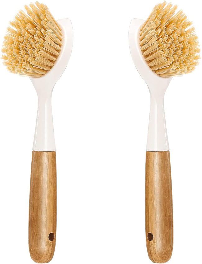 2 Pack Kitchen Dish Brush Bamboo Handle Dish Scrubber Built-in Scraper, Scrub Brush for Pans, Pots, Kitchen Sink Cleaning, Dishwashing and Cleaning Brushes are Perfect Cleaning Tools, White