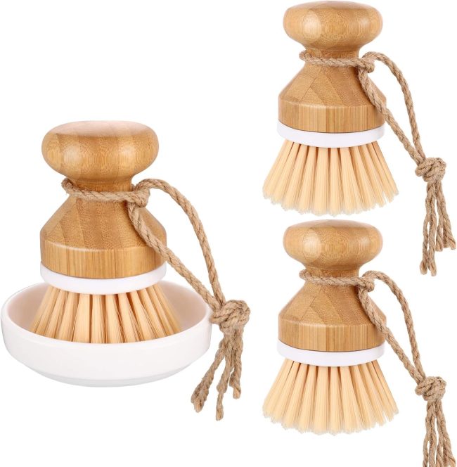 3 Pieces Bamboo Dish Scrub Brush Natural Wooden Kitchen Cleaning Scrubbers Durable Bamboo Palm Household Pot Scrubber Brush and 1 Holder for Dishes Pots Pans Kitchen Sink Cleaning