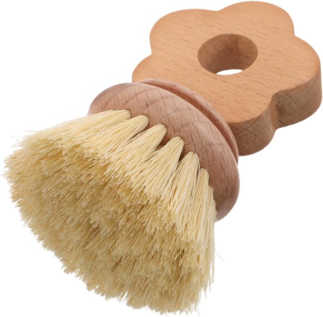 Wooden Pot and Cleaning Brush Mini Palm Scrub Brush with Natural Bristles for Efficient Kitchen Dishwashing and Grease Removal for Pots Pans and Sinks