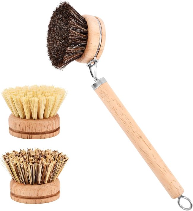 Bamboo Dish Brush with Handle, 3 Natural Bristle Heads (Horsehair, Sisal, Palm) Replaceable Heads, Wooden Dish Brush for Washing and Cleaning Pot Pan Bowl