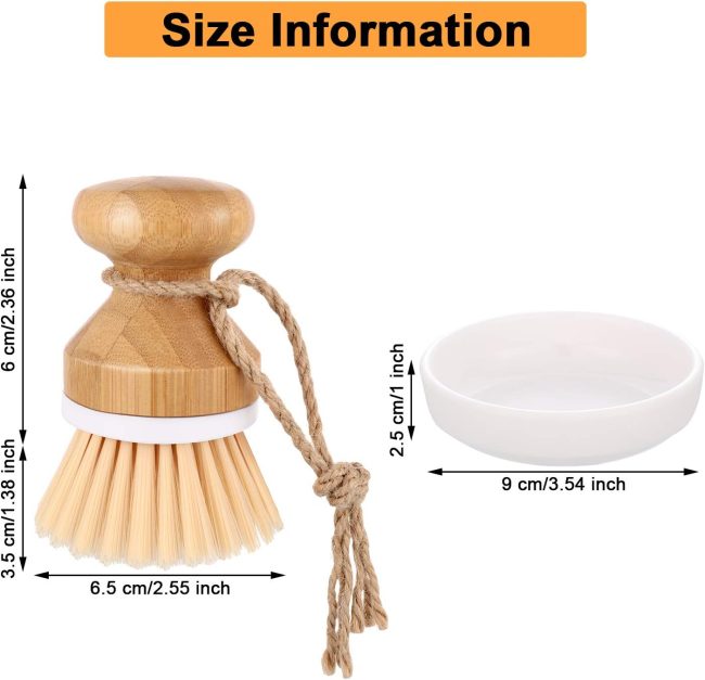 3 Pieces Bamboo Dish Scrub Brush Natural Wooden Kitchen Cleaning Scrubbers Durable Bamboo Palm Household Pot Scrubber Brush and 1 Holder for Dishes Pots Pans Kitchen Sink Cleaning - Image 2
