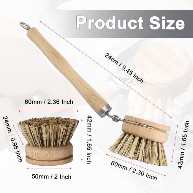 Wooden Dish Brush Set, 4 Natural Bristle Replacement Heads with 1 Sturdy Wooden Handle, Palm Kitchen Scrub Brush for Pots, Pans, Vegetables and Cookware - Image 2