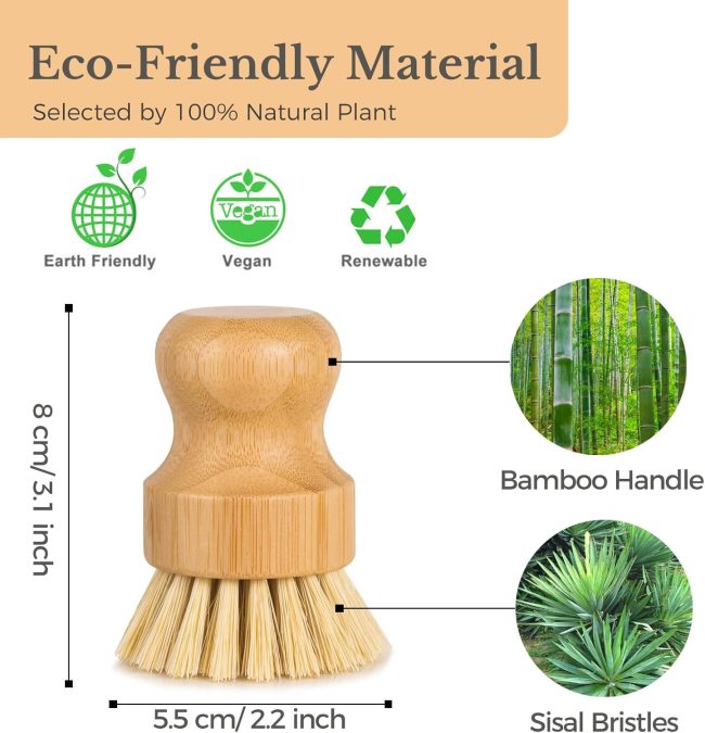 Bamboo Dish Scrub Brush for Kitchen Sink, Natural Wooden Washing Dish Brush Scrubber, Sisal Bristles Brush for Household Cleaning Cast Iron Brush Pots(Ceramic Dish+ 4P Sisal) - Image 2