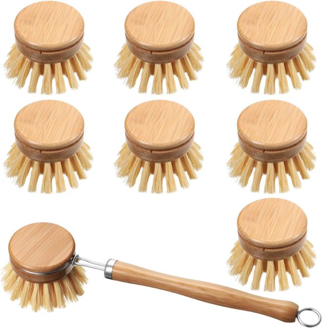 8 Pieces Wooden Kitchen Dish Brush Include Bamboo Scrub Cleaning Brush and Replacement Heads Dish Scrubber for Kitchen Room Cleaning Supplies