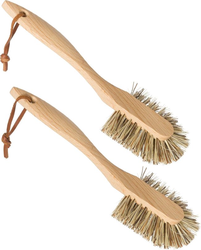 Curved Dish Brush, Natural  Plant Fiber Bristles, Ergonomic Design with Oiled Beechwood Handle, 10-3/5 Inches, Set of 2, Made in Germany -