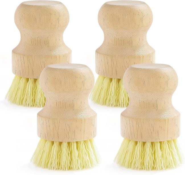 4-Pack Bamboo Dish Brush, Palm Brush Dish Scrubber with Nylon Bristles for Cleaning Pot, Pan, Kitchen Sink, Cookware & Vegetables